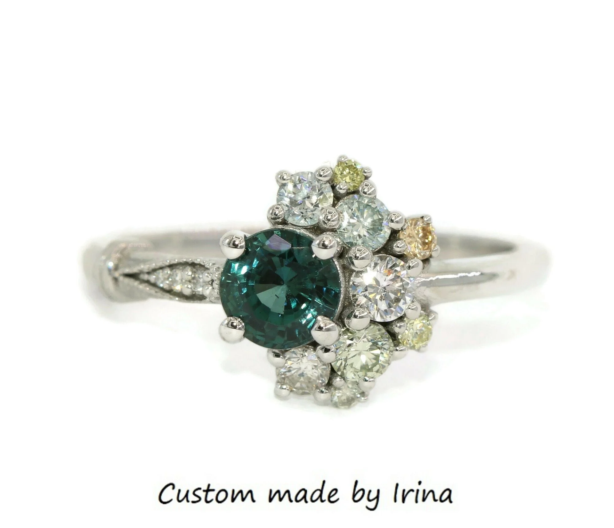 Teal Blue Natural Sapphire Ombré Cluster Engagement Ring 14k Solid Gold