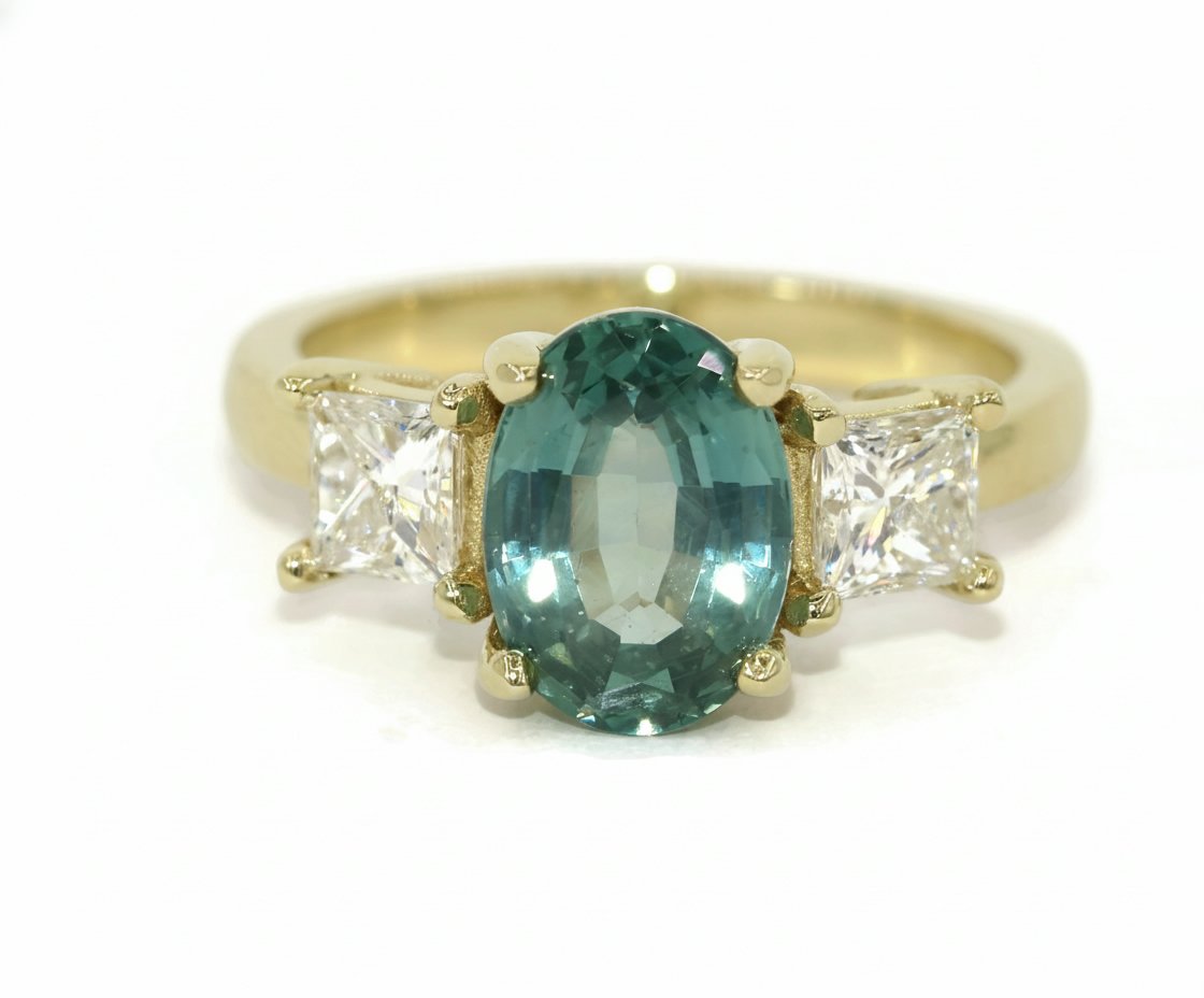 GIA Certified 3 Stone Oval Natural Sapphire Engagement Ring with Princess Diamond Side Stones