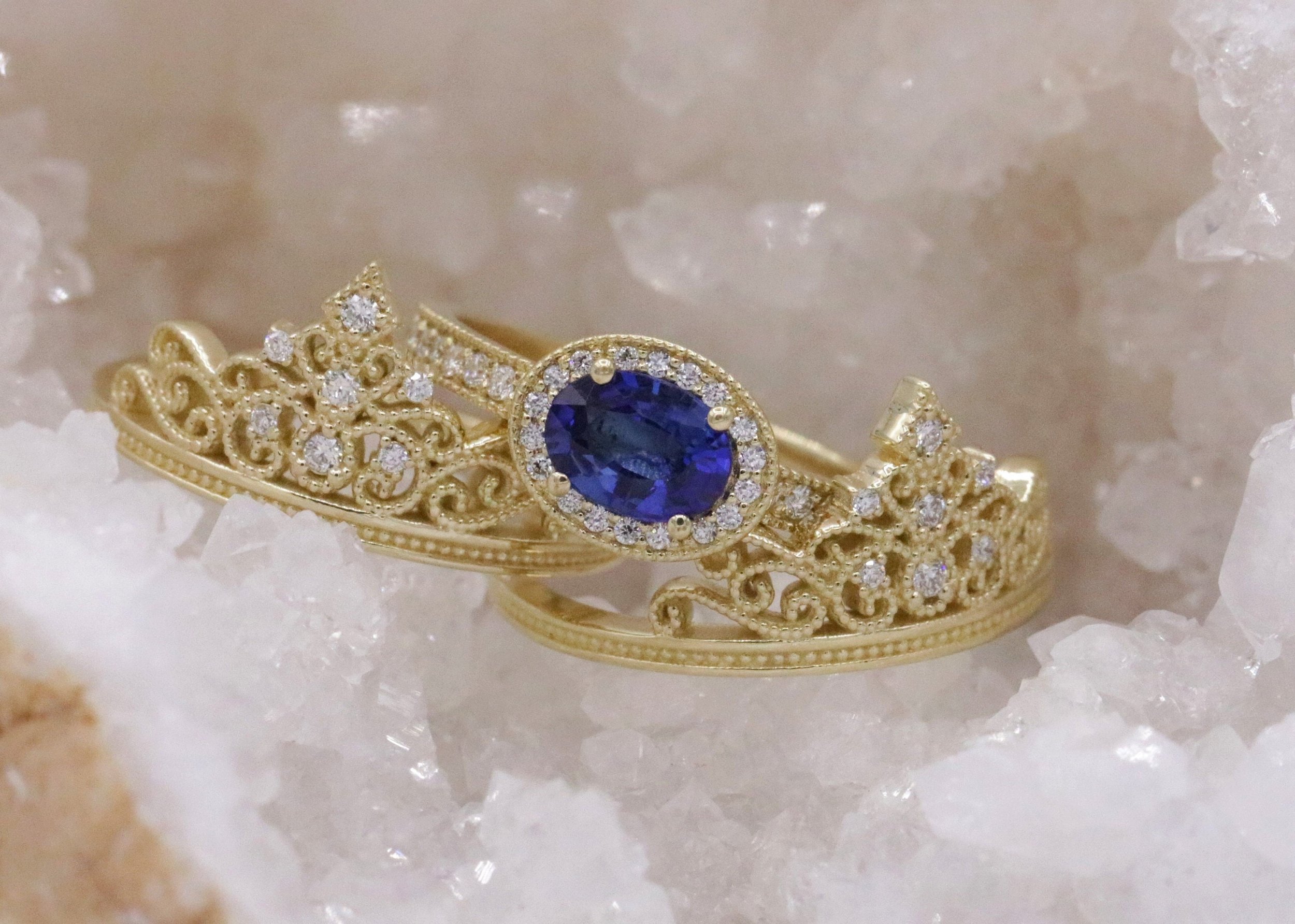 Edwardian Inspired Natural Sapphire Engagement Ring Bridal Set