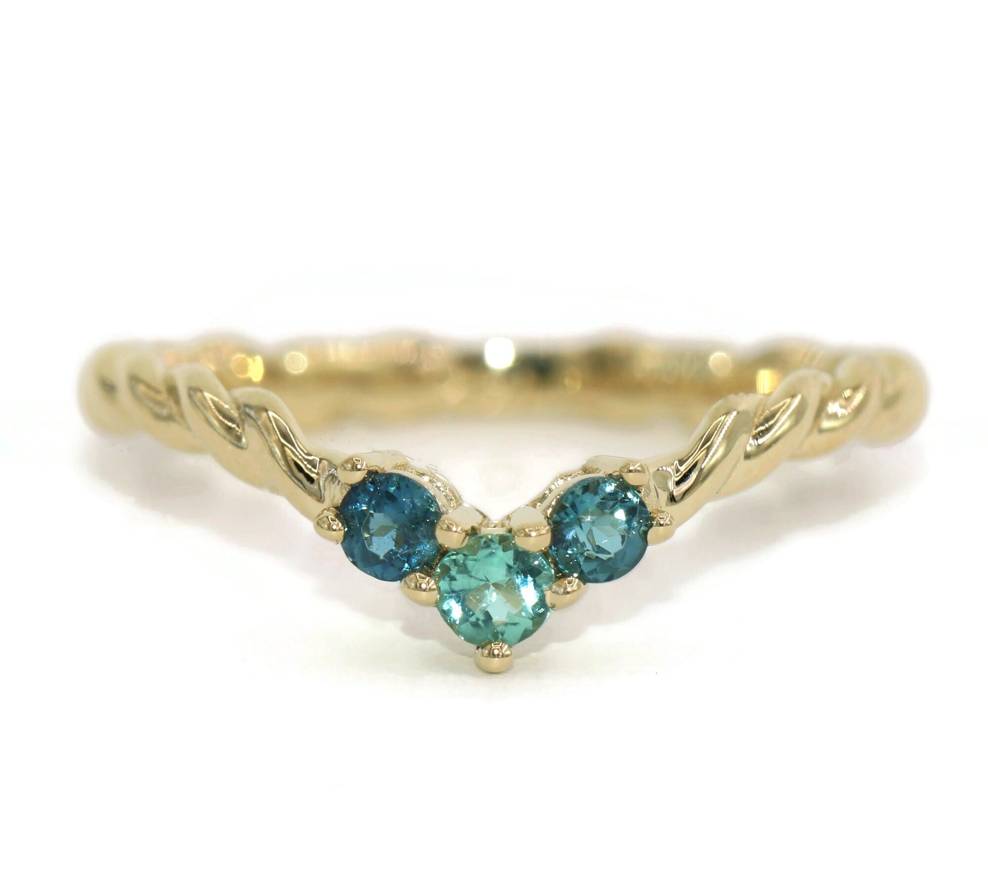 Rope Flair Ring with 3 Indicolite Teal Blue Green Tourmaline Stones