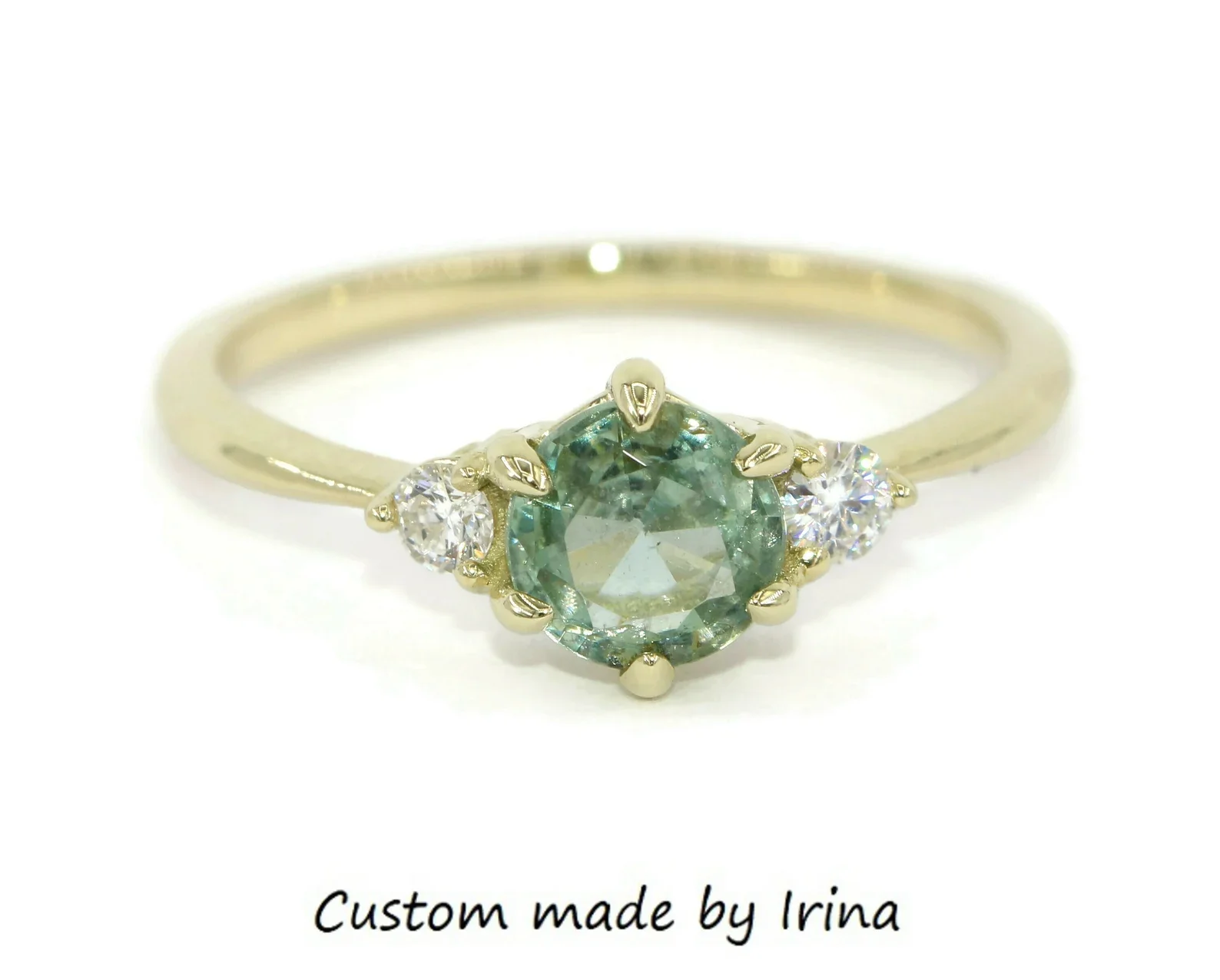 14k Green Gold 3 Stone 1 carat Teal Natural Sapphire Engagement Ring