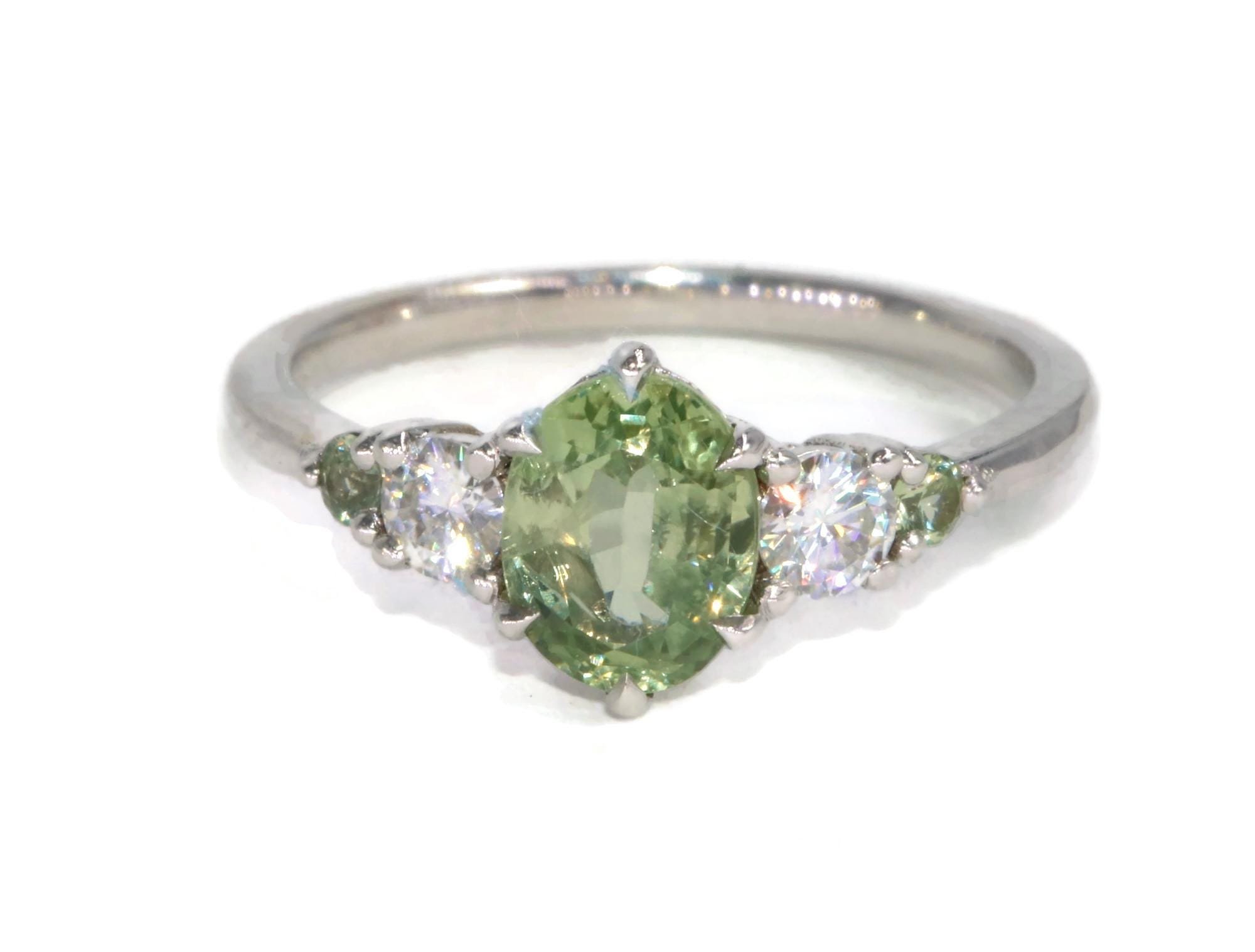 Oval 1.6 ct 5 Stone Teal Green Sapphire Engagement Ring