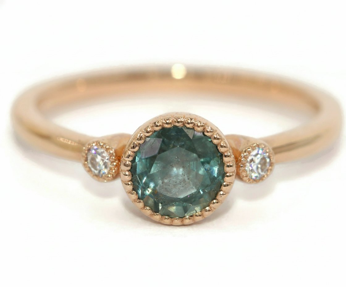 1 ct Teal Blue Green Natural Sapphire + Diamonds 3 Stone Engagement Ring