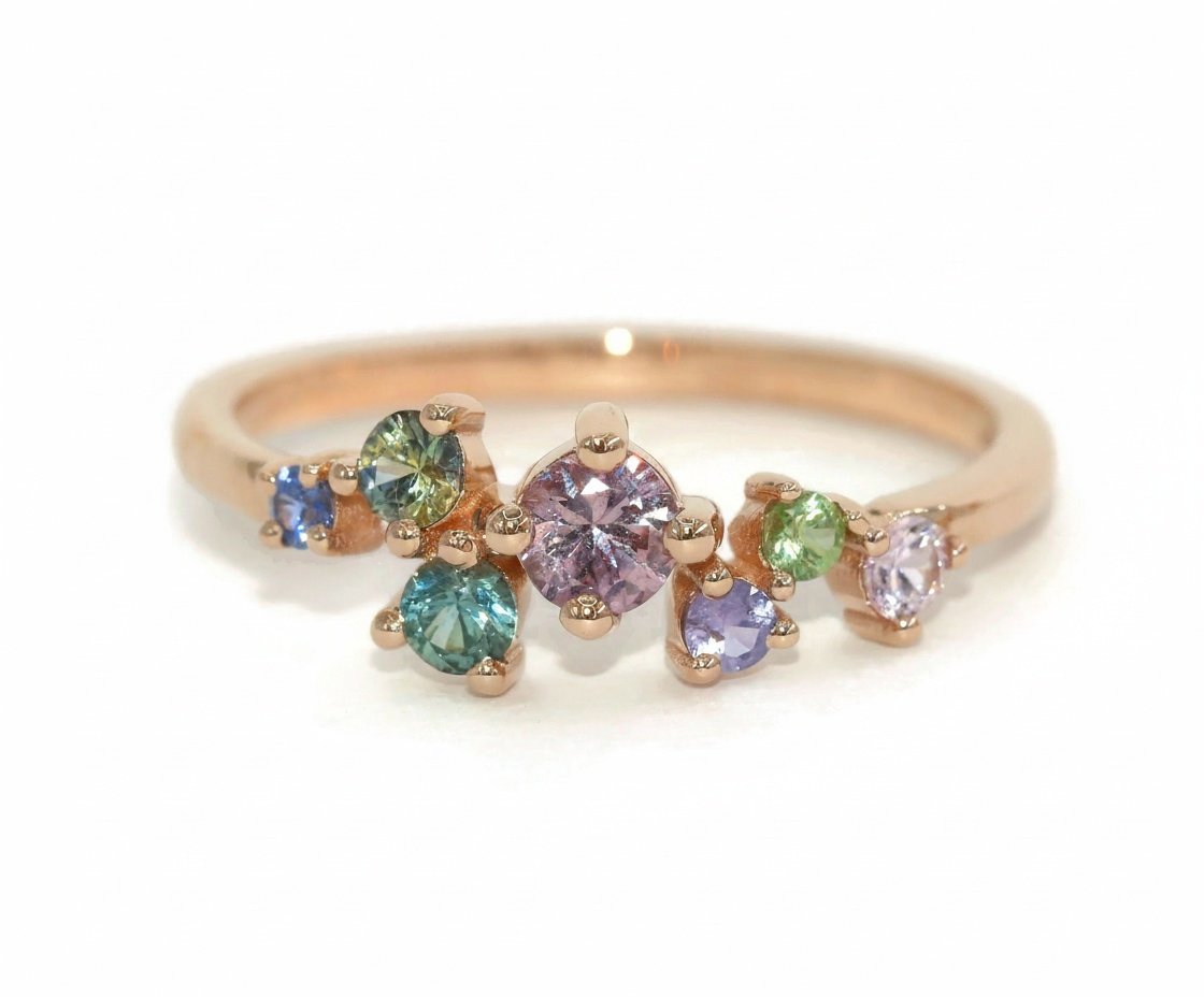 Scattered Colorful Natural Sapphires Cluster Ring