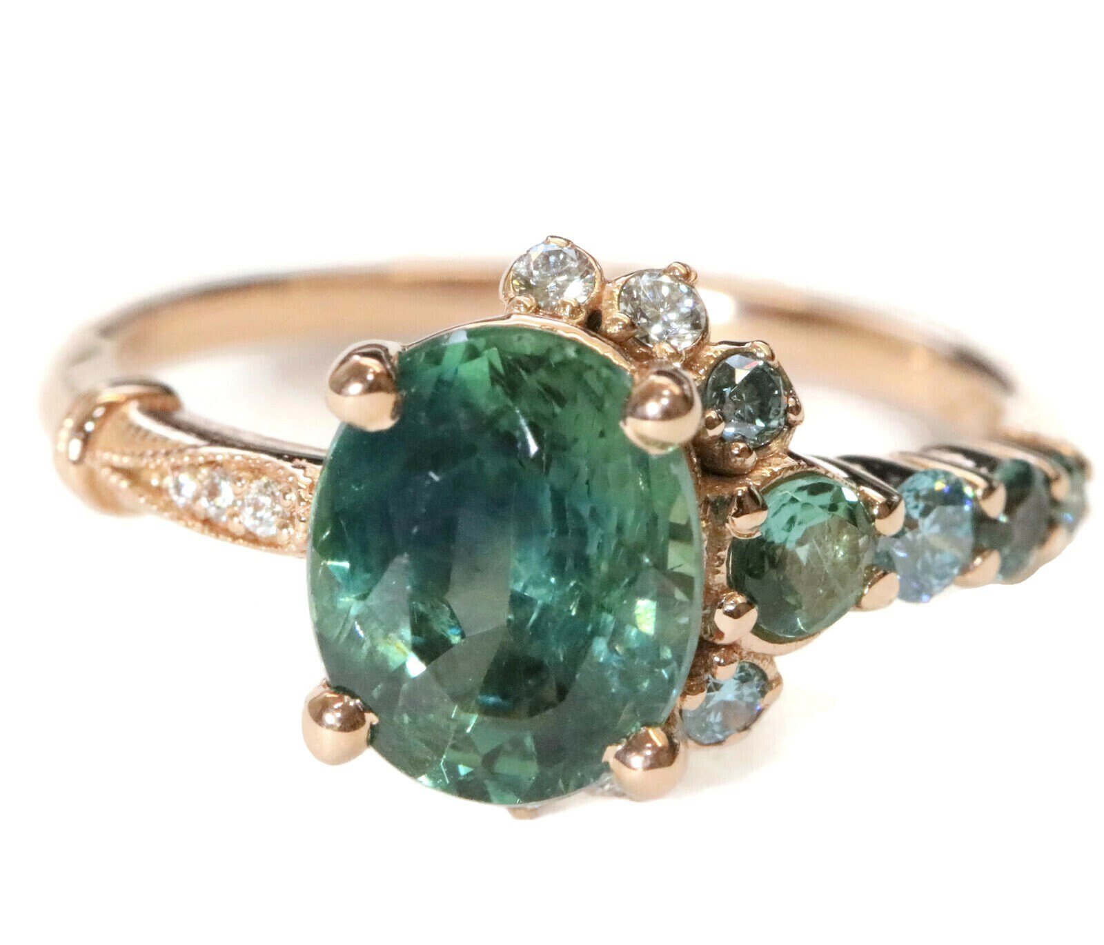 GIA Certified 2 ct Oval Teal Blue Green Sapphire Cluster Engagement Ring