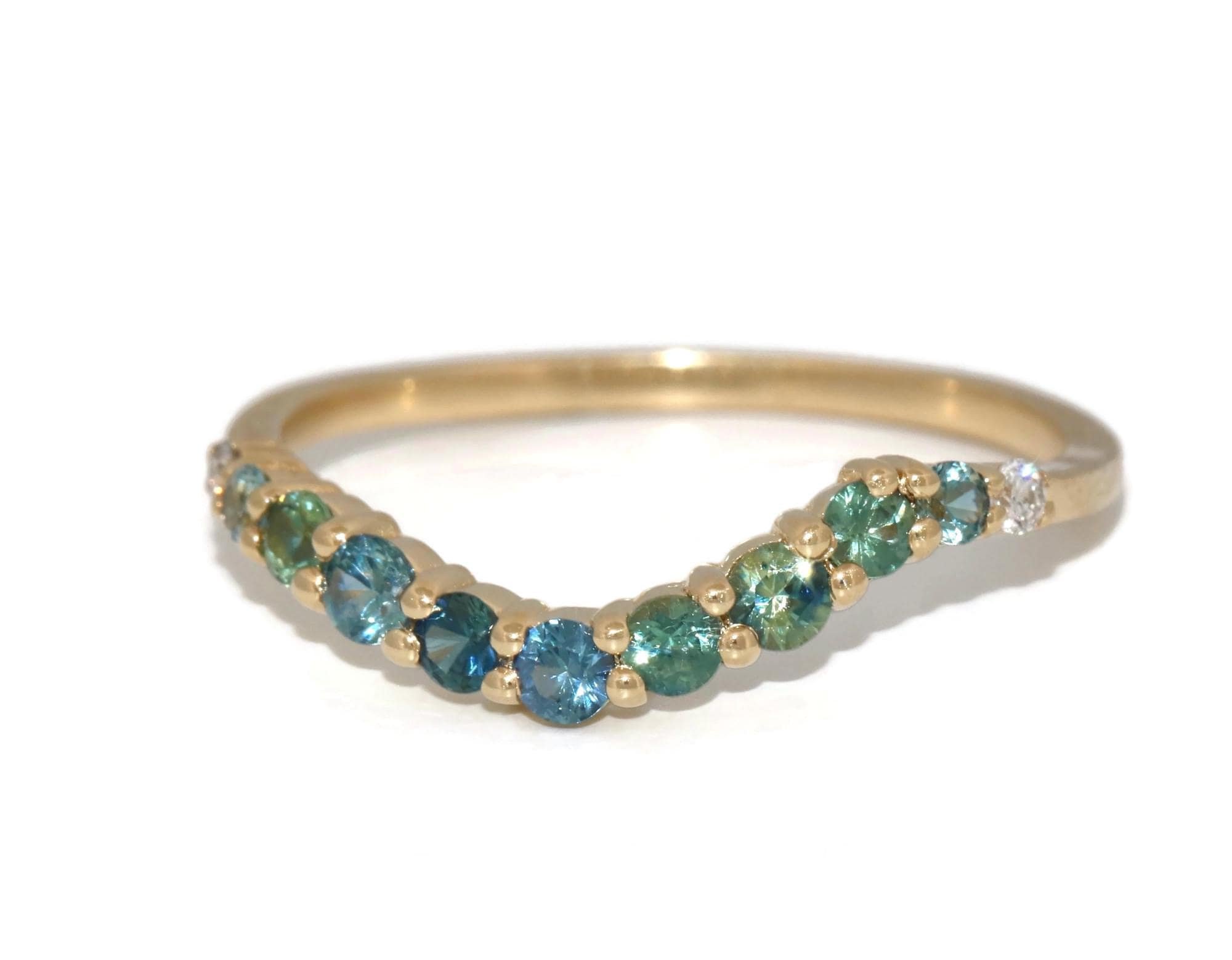Blue Green Ombre Cluster Sapphires and Diamonds Curved Wedding Band