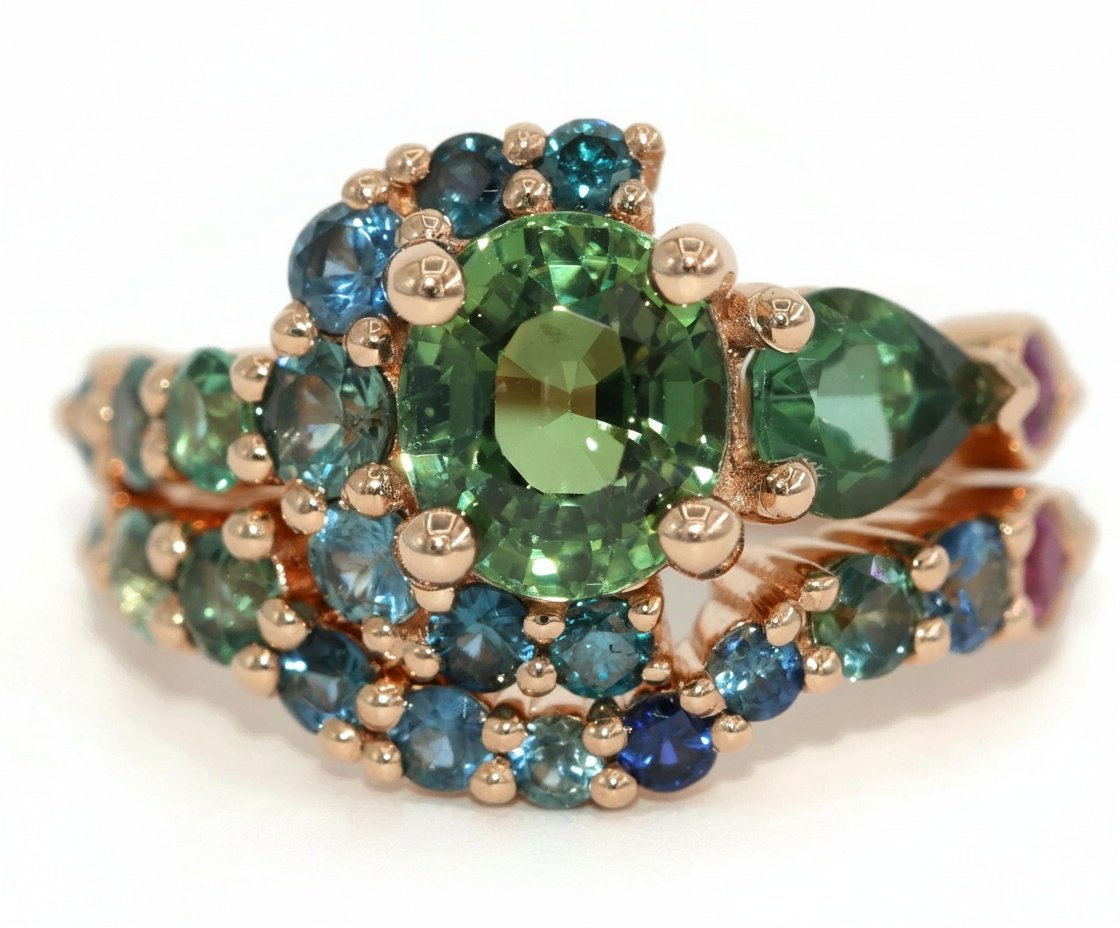 2.5 ct Oval Green Natural Sapphire Cluster Ombre