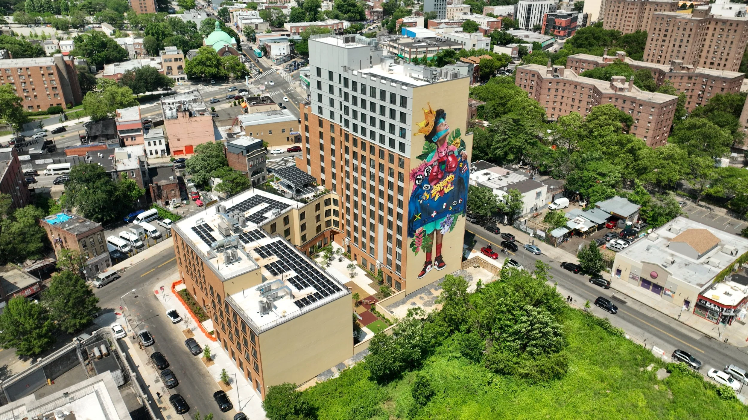 An aerial view of an urban neighborhood featuring a tall building with a colorful mural on its side. The mural depicts a young girl with dark hair, wearing a crown and graffiti-style clothing, with various stickers and designs surrounding her. The surrounding area has a mix of trees, streets with parked cars, smaller buildings, and some rooftop solar panels.