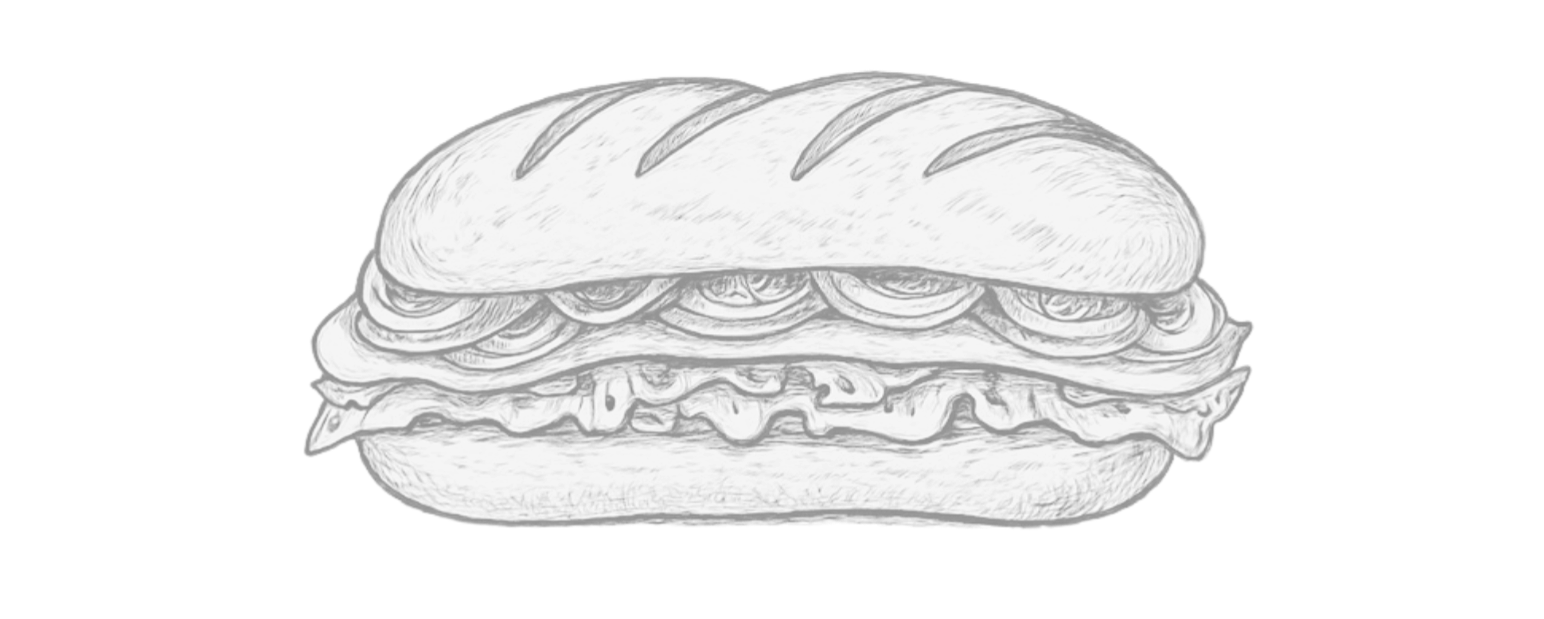 Line drawing of a sandwich with bread, lettuce, and slices of meat or cheese.