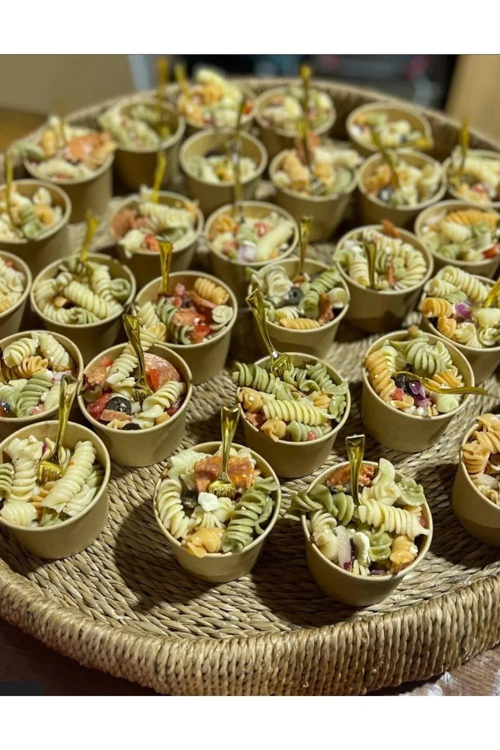 Individual appetizer cups prepared for catering by First and Broad Pizza Company.