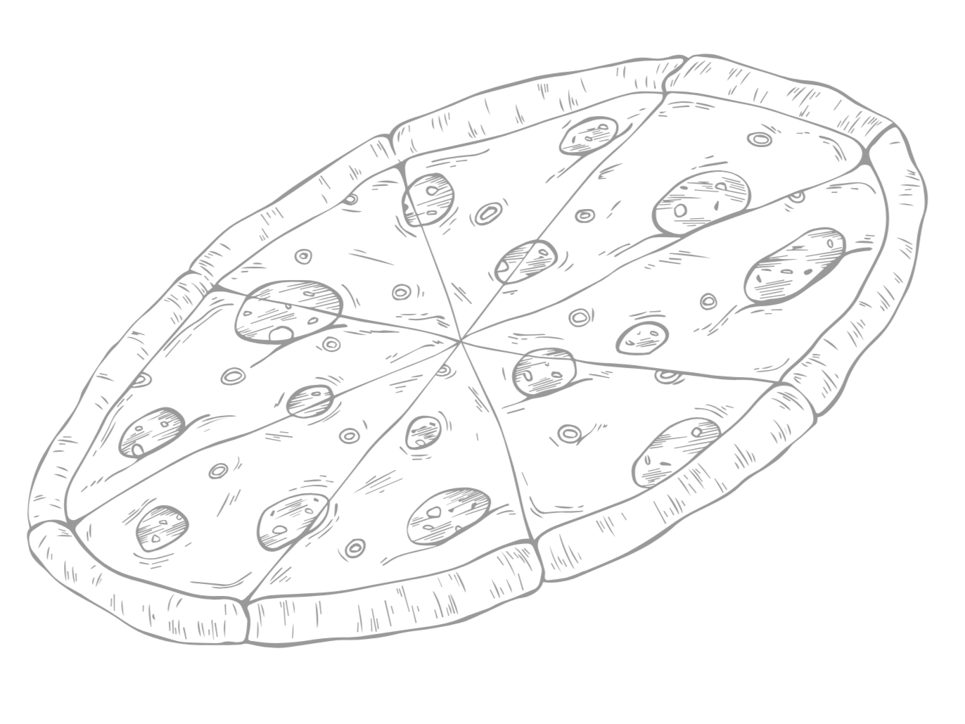 Black and white line drawing of a slice of pizza with cheese and various toppings.