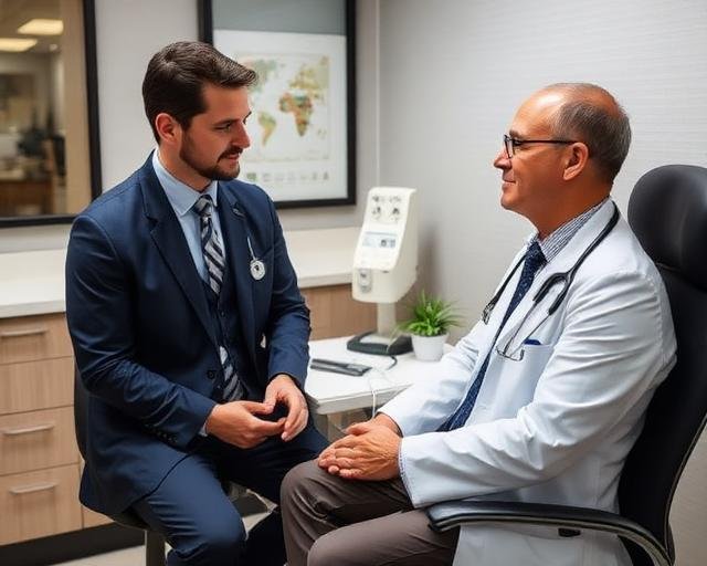 A doctor and a patient are sitting in a consultation room. The doctor, wearing a white coat and stethoscope, is listening attentively to the patient. The patient is a man in a suit and tie, appearing to share a concern. In the background, there is a world map on the wall, a desk with medical equipment, a telephone, and a potted plant.