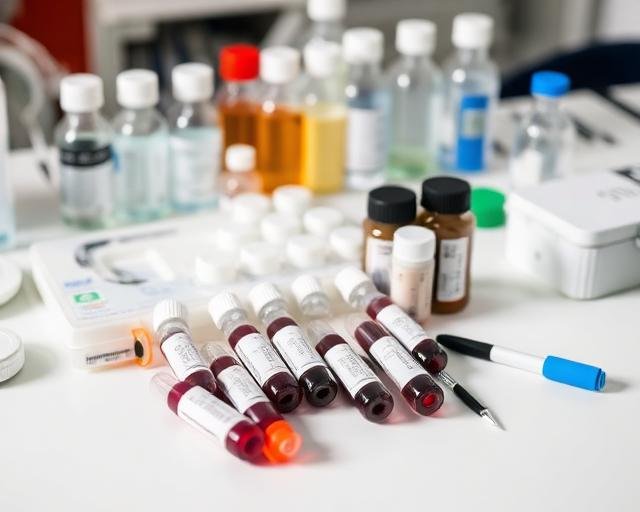 Multiple blood sample tubes with red and black caps, various medication bottles, and laboratory supplies on a white surface.