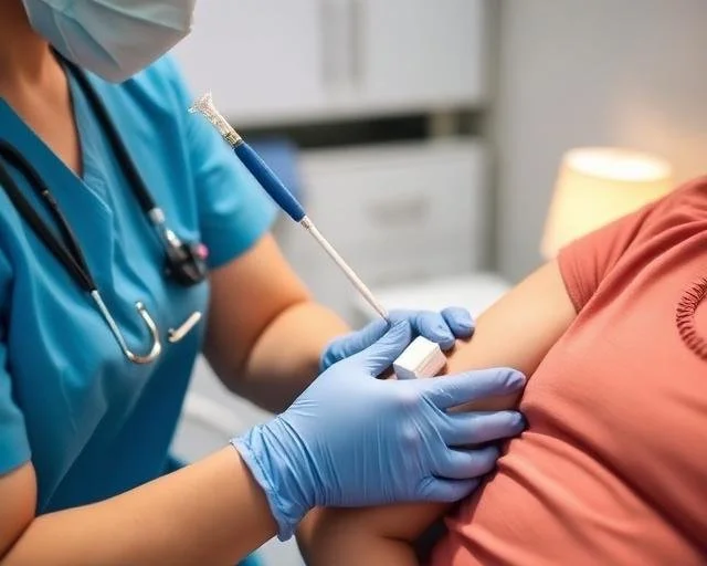 A healthcare worker prepares to give a vaccination to a patient in a medical setting.