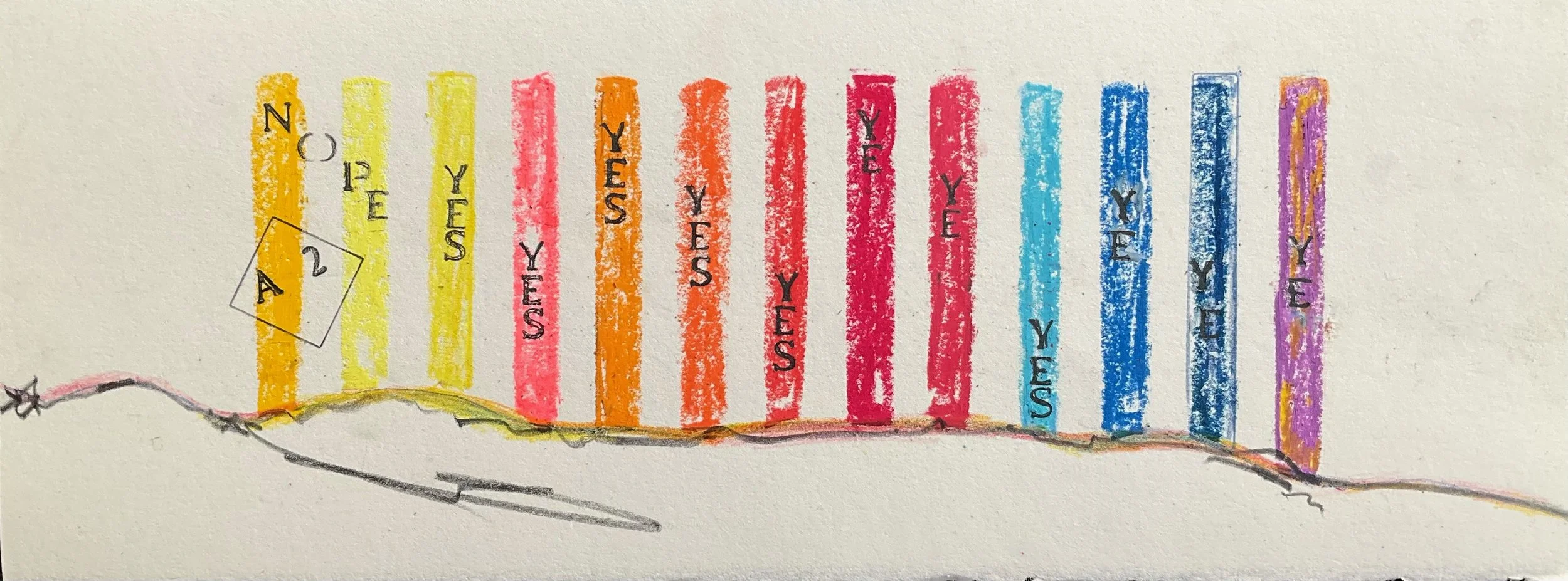 Colorful drawing of a rainbow with labeled arcs representing the days of the week, starting from Monday to Sunday, in different colors, with a small black flower and a winding pink line at the bottom.