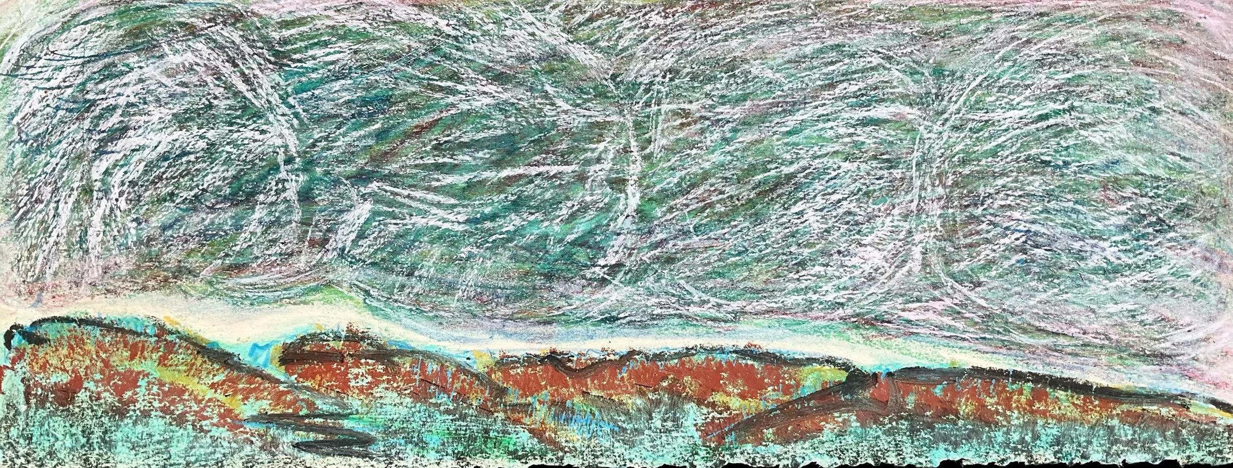 An abstract landscape with rolling hills in red, brown, and green tones, and a cloudy sky in shades of gray, pink, and purple.