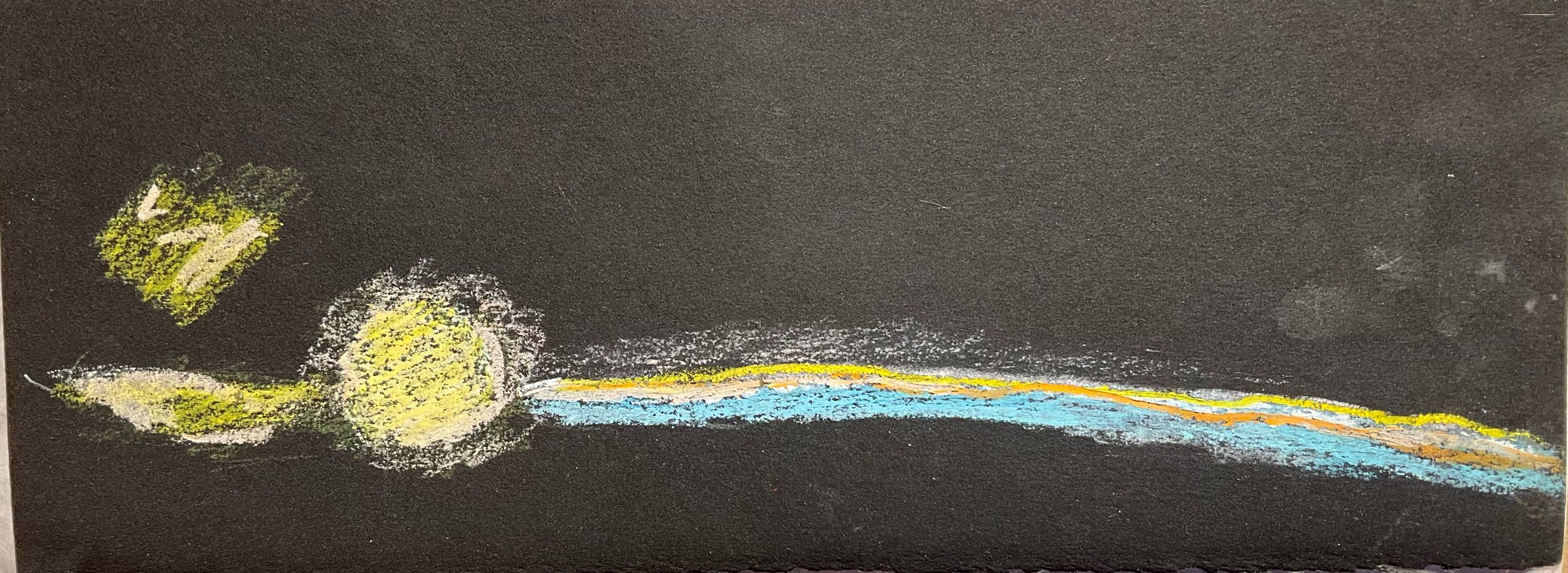 Childrens' chalk drawing on a black surface of a figure with a round head, two arms, and a long, flowing body with blue, yellow, and orange colors.