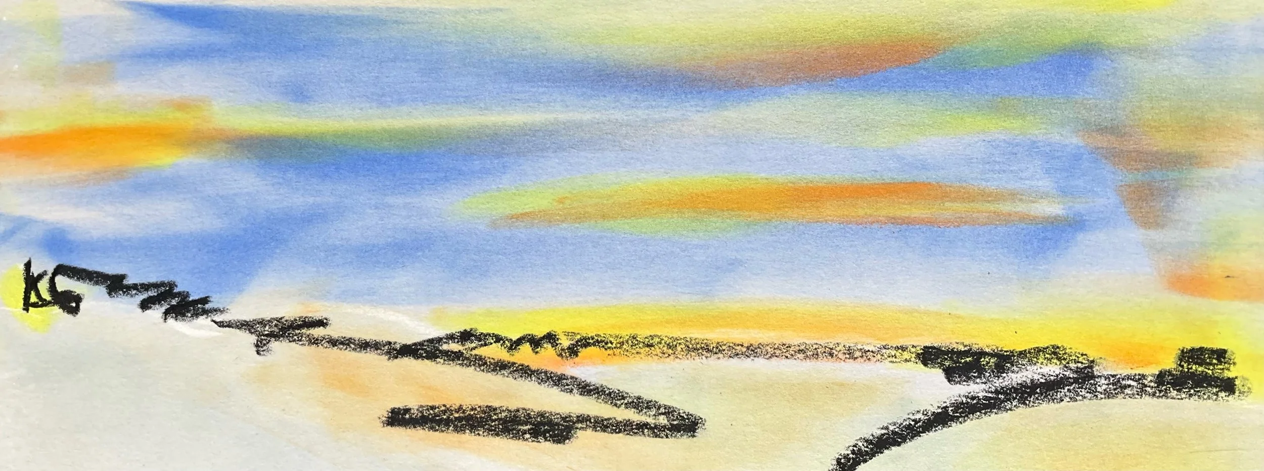 A colorful watercolor painting of a sky with shades of blue, yellow, orange, and green, with black and dark green abstract trees or bushes at the bottom.