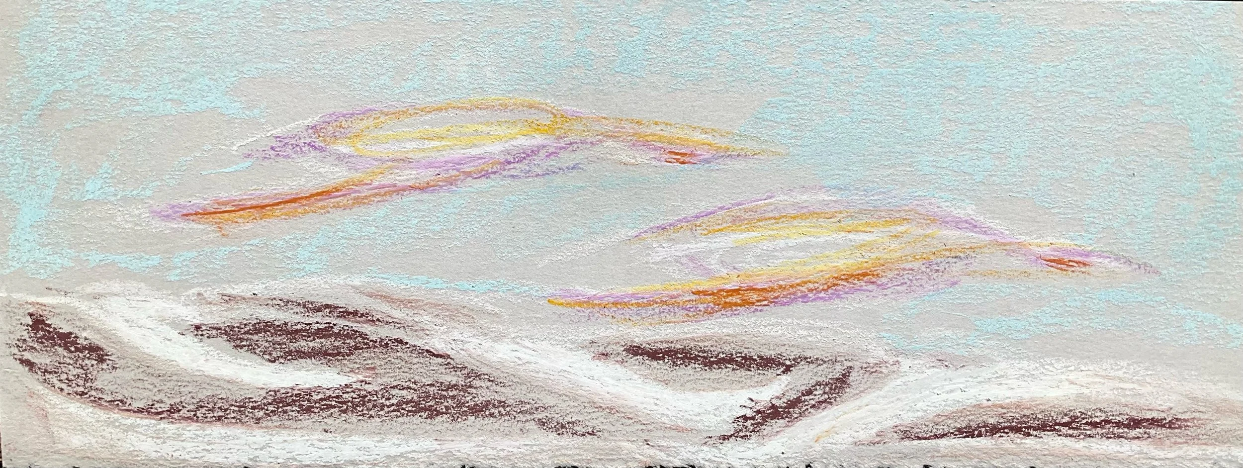 Abstract pastel drawing of a landscape with soft, flowing shapes and colors including purple, yellow, orange, white, and light blue.