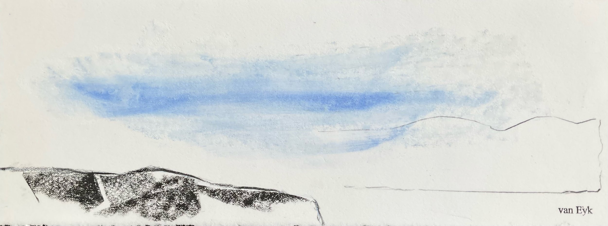 A watercolor painting of a landscape with blue sky and distant hills, with a rocky foreground, signed by van Eyk.