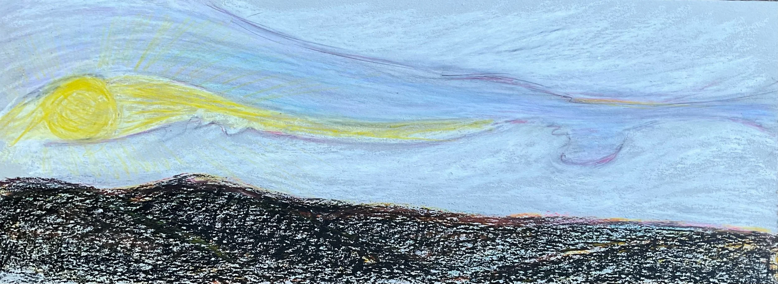 A colored drawing of a landscape with a yellow sun in the sky, light blue clouds, and dark textured land at the bottom.