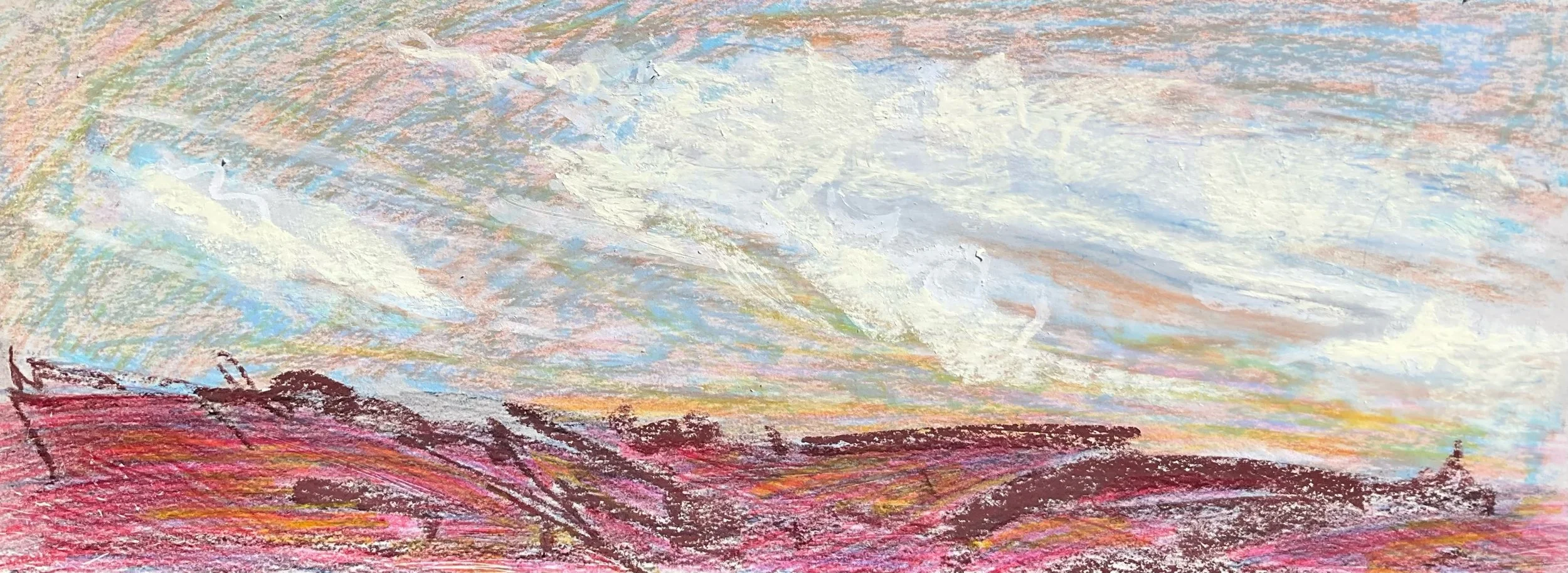 A colorful pastel drawing of a landscape with pink flowers in the foreground and a cloudy sky overhead.