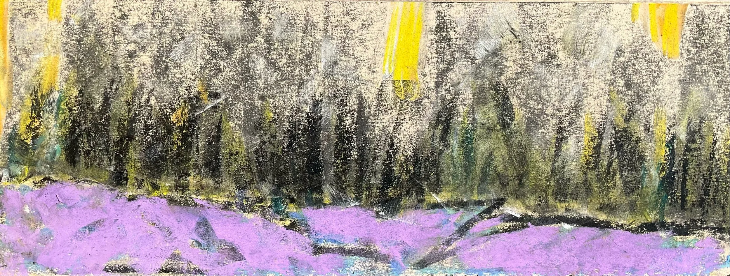 An abstract painting of a forest scene with purple ground, dark trees, and a yellow sky.