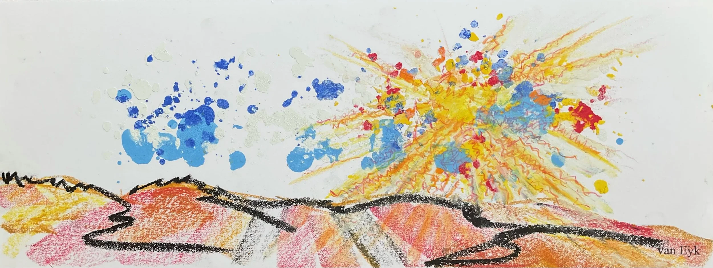 Colorful abstract drawing of an explosion or burst with orange, yellow, blue, and red colors, and black lines at the bottom. Signed by Van Eyk.