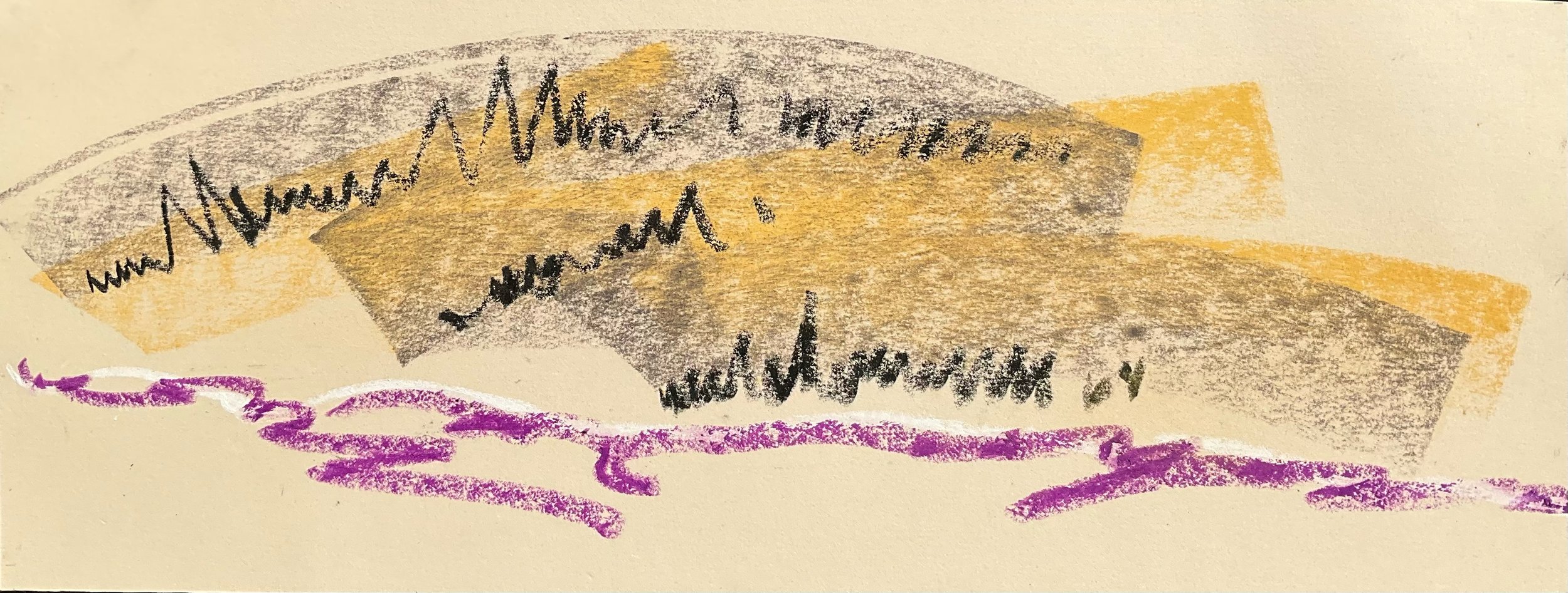 Abstract colorful drawing with purple squiggly lines at the bottom, black zigzag lines, and patches of yellow, brown, gray, and white.