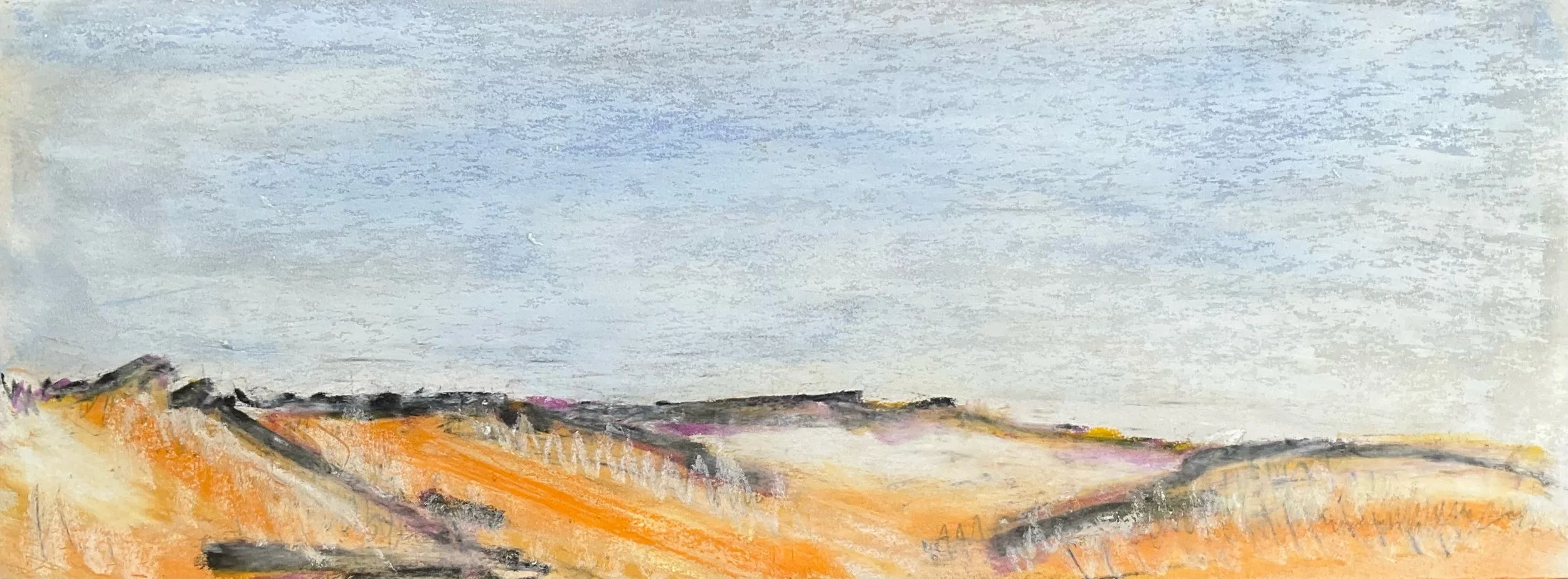 A landscape painting of rolling hills with orange, yellow, and purple fields under a light blue sky.