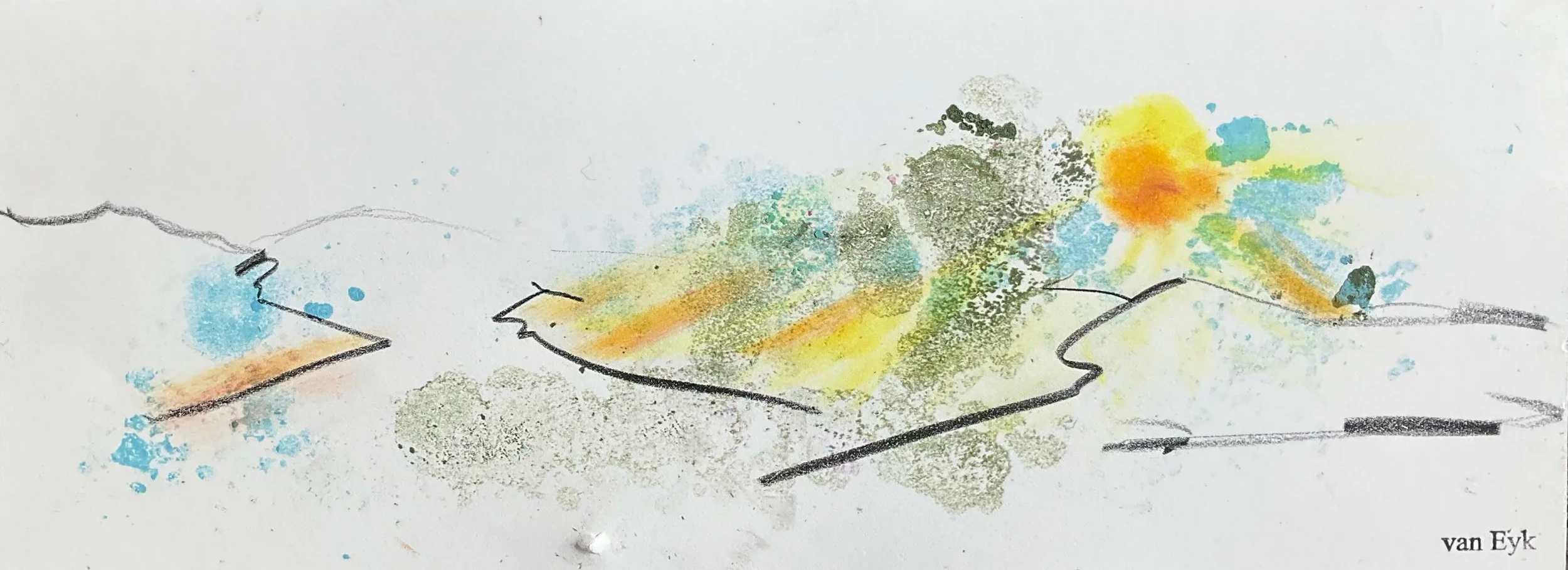 Abstract watercolor painting with colorful splashes and black line outlines, signed 'van Eyk' in the bottom right corner.