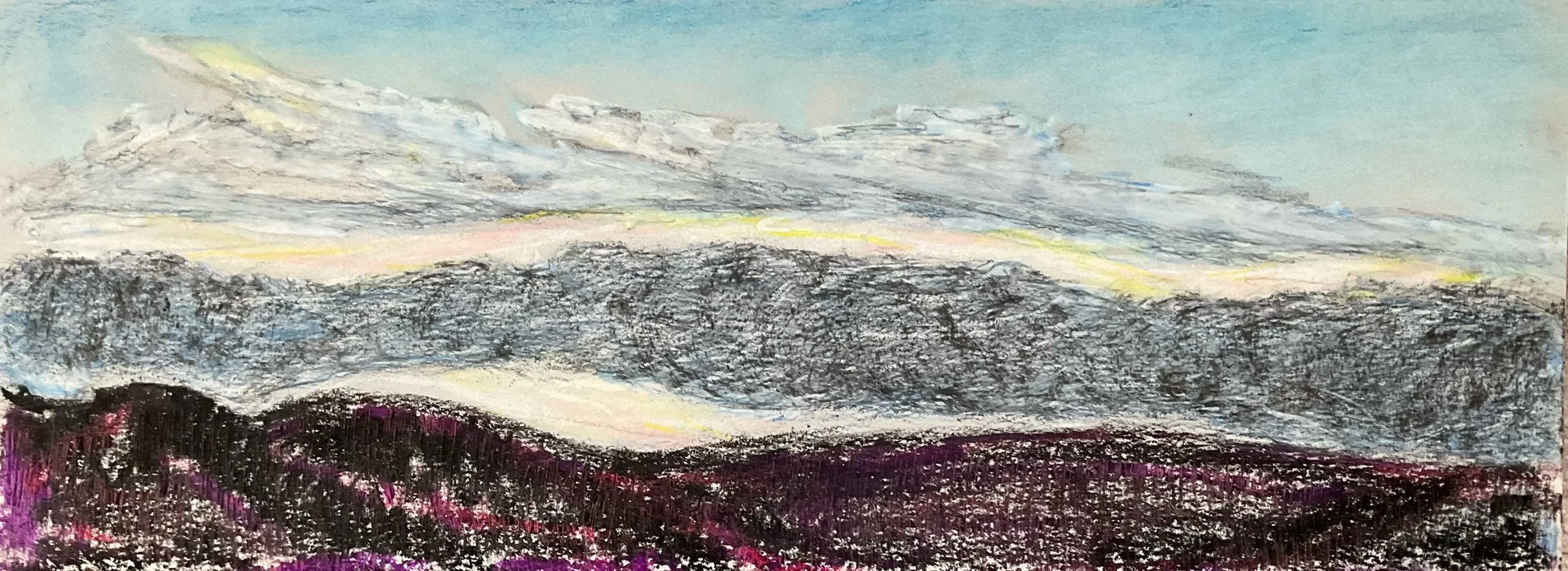 Pastel drawing of a landscape with purple hills in the foreground, a dark mountain range, and a sky with clouds and hints of sunlight.