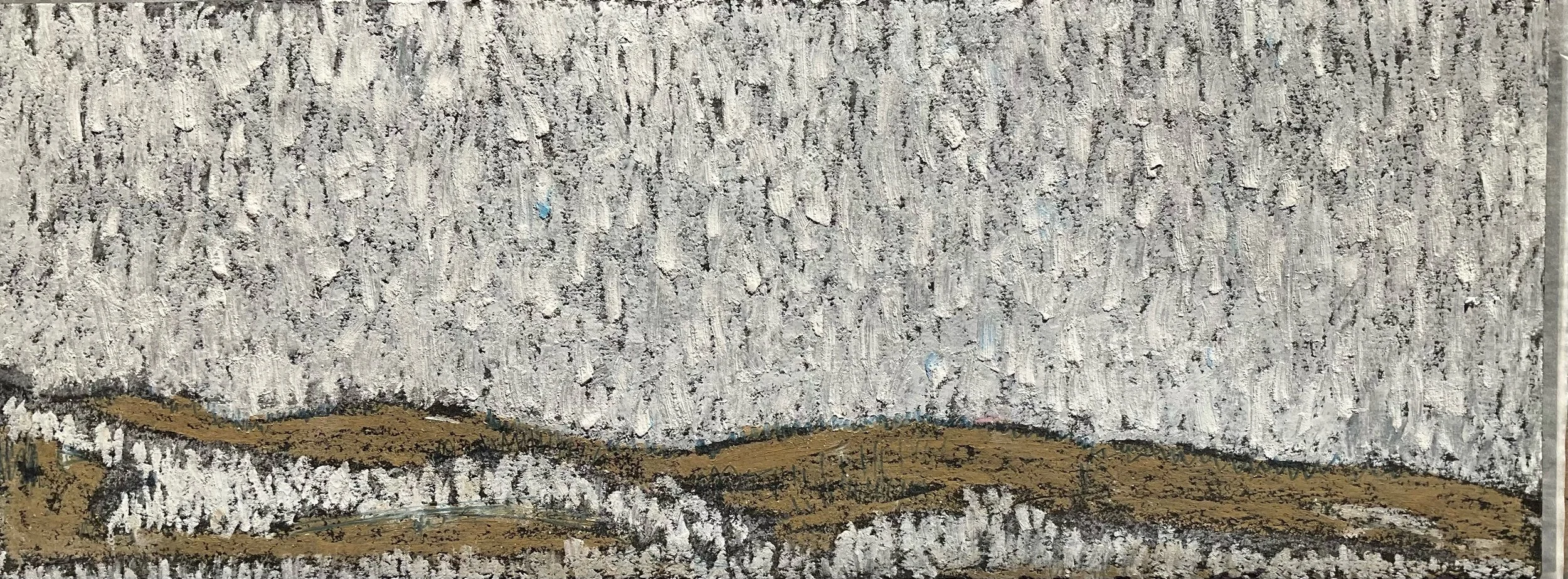 Close-up of a textured surface, possibly a wall, with rough, grayish-white paint and streaks of darker gray. At the bottom, there are patches of brown and black, with some areas appearing chipped or peeling.