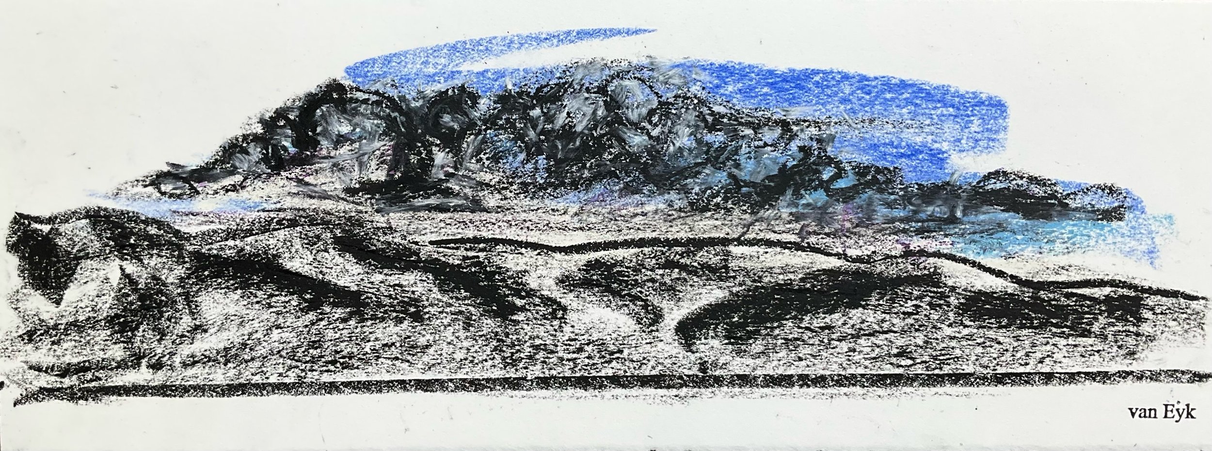A black and white landscape sketch of a mountain range with blue shading in the sky, signed by van Eyk.