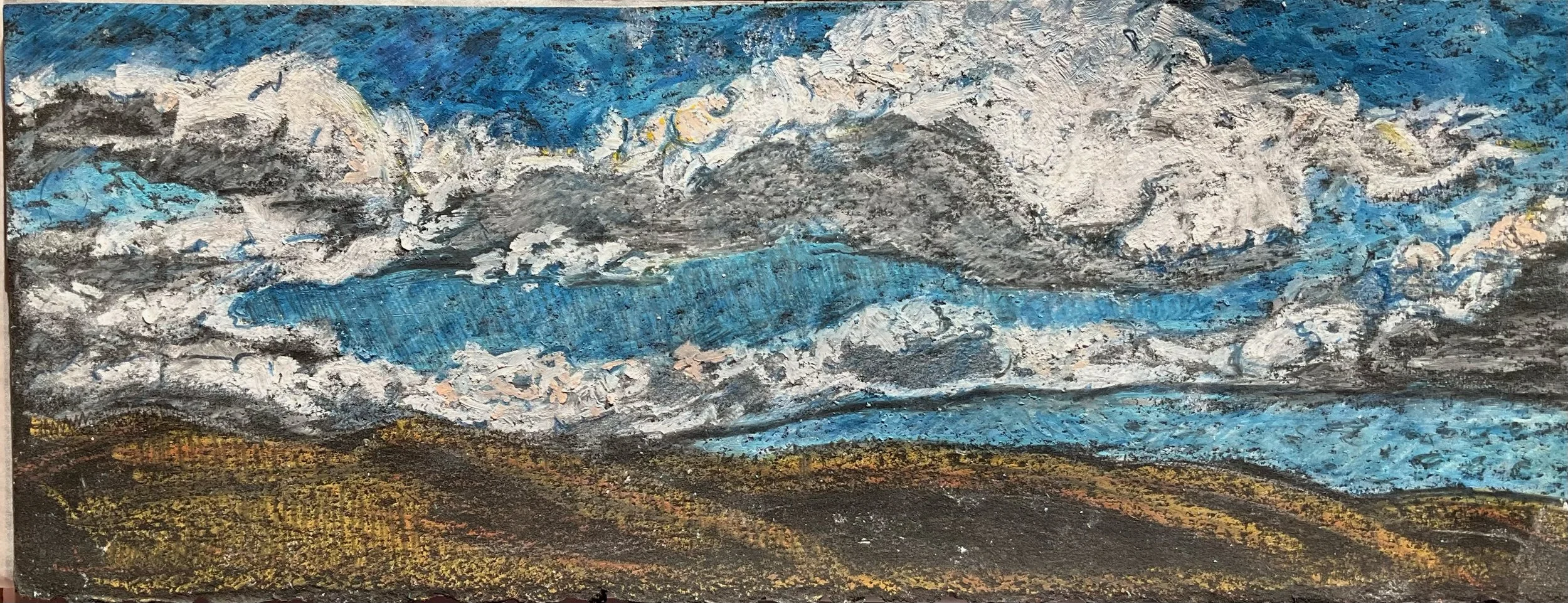 An abstract landscape painting depicting a sky with gray and white clouds, a hint of yellow, and a blue sky. The foreground features brown, yellow, and black textured land.