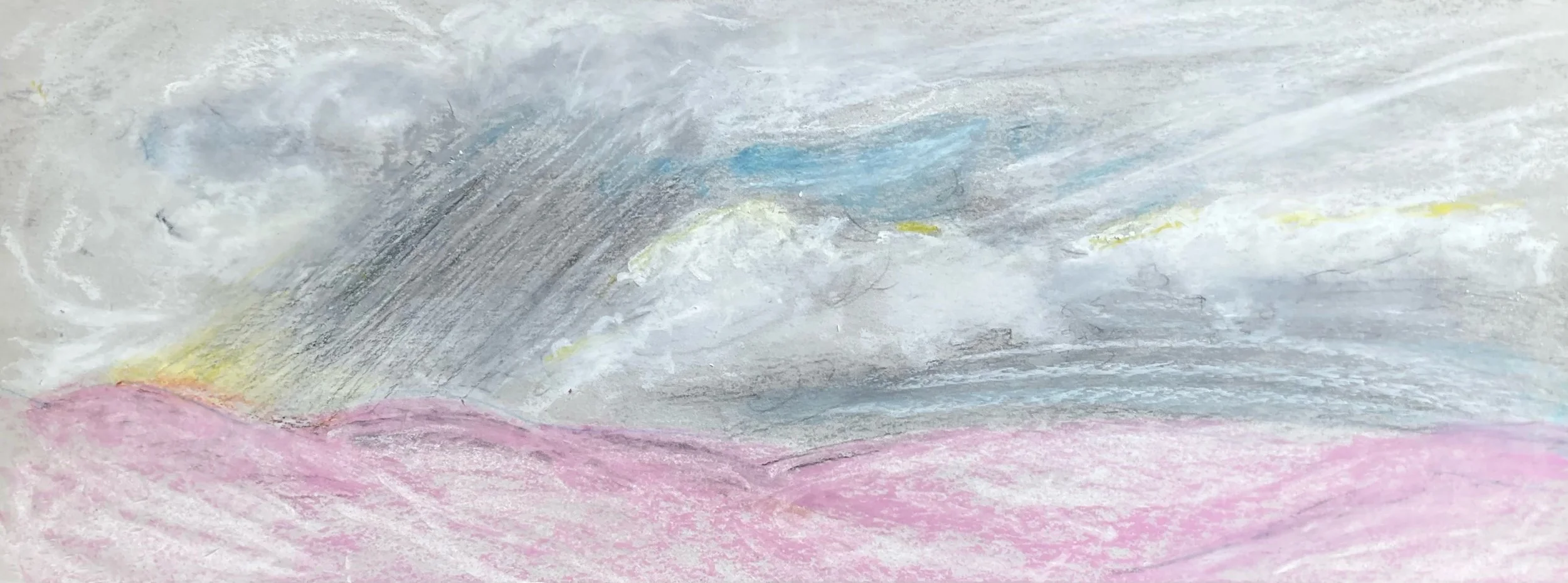 A pastel drawing of a landscape with pink hills and a cloudy sky with hints of blue, yellow, and gray.