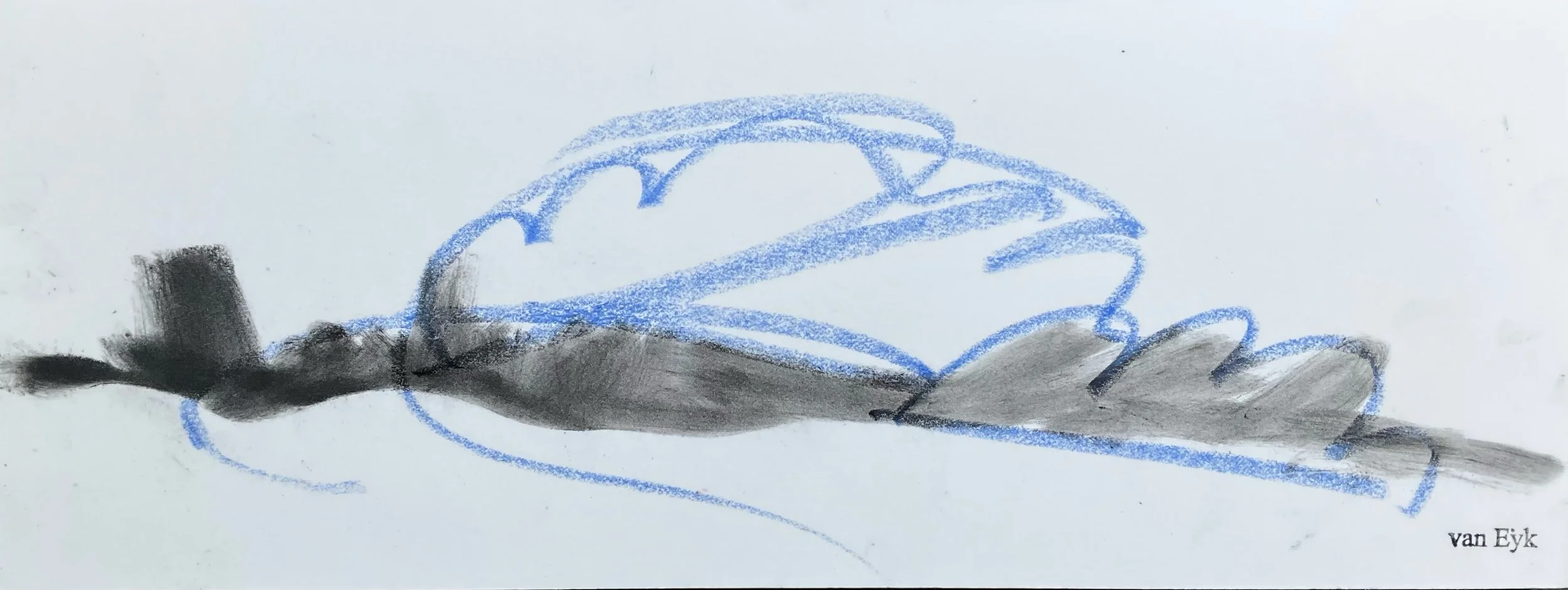A simple drawing of a cloud above a hill or mountain in blue and black crayon, with a small text "van Eyk" in the bottom right corner.