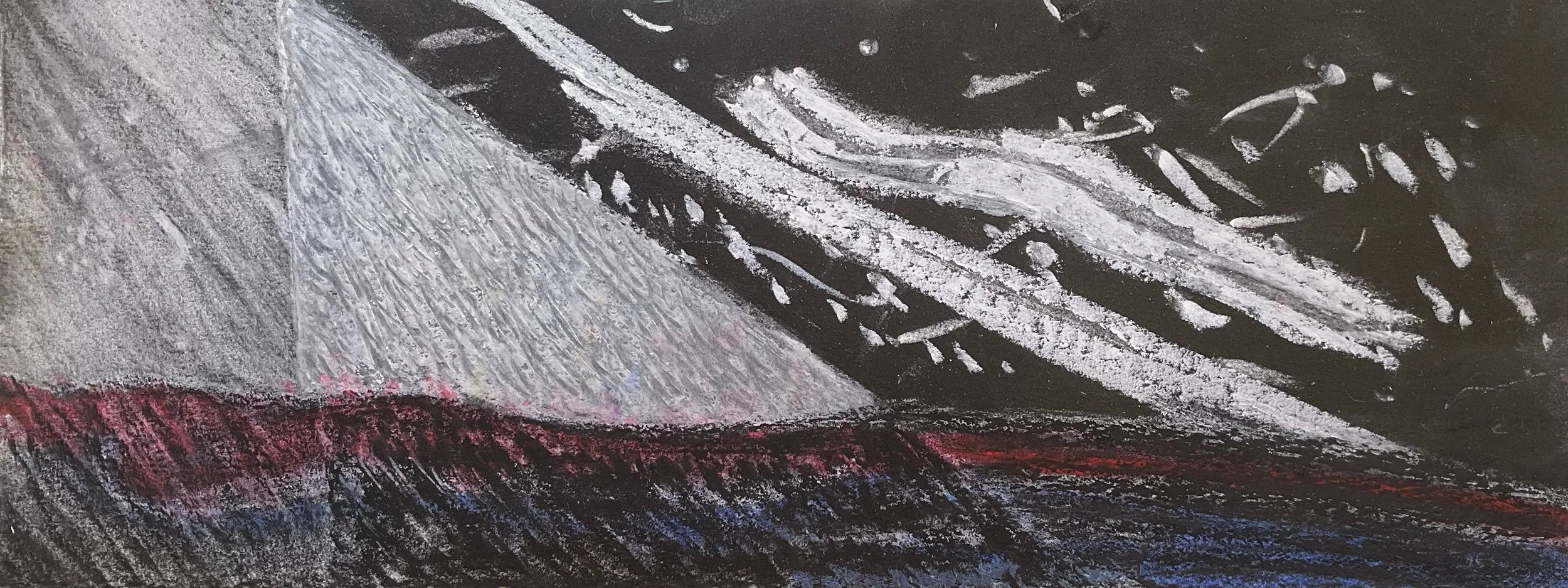 Abstract drawing featuring dark background with white, pink, and blue chalk-like strokes, and a large triangular shape in the center.