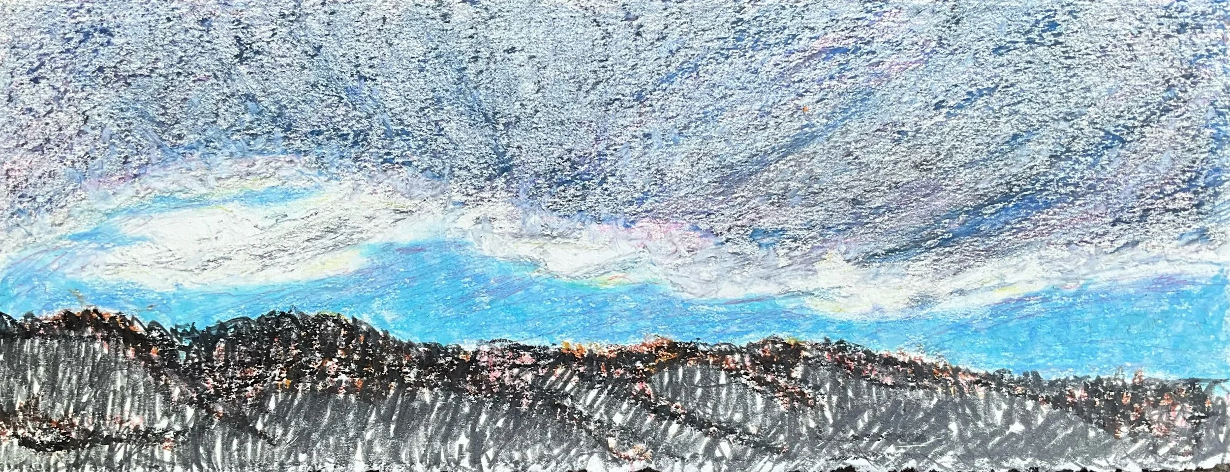 Pastel drawing of a mountain landscape under a starry night sky, with snow-covered peaks and a few patches of orange and pink lights.