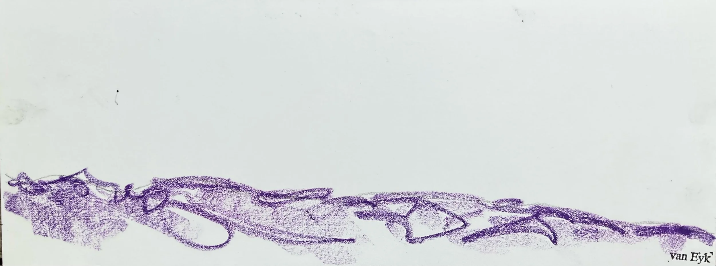 A purple ink drawing of a long, winding, tentacle-like shape on a plain white background, signed "van Eyk" in the bottom right corner.