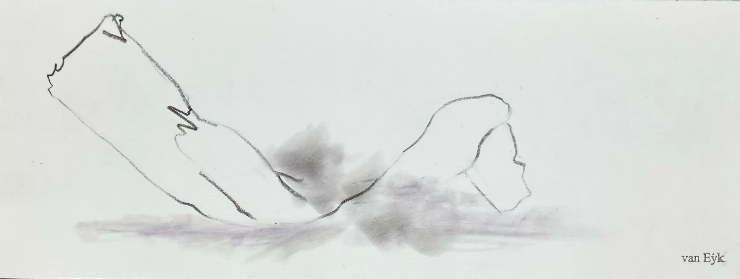 Minimalist line drawing of a curled-up cat with shadows underneath, signed van Eyk.