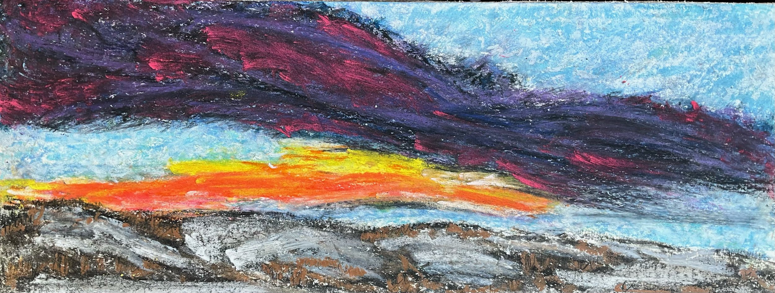 A colorful abstract painting of a sunset over a body of water and mountains, with vibrant reds, oranges, blues, purple clouds, and brown rocky terrain.