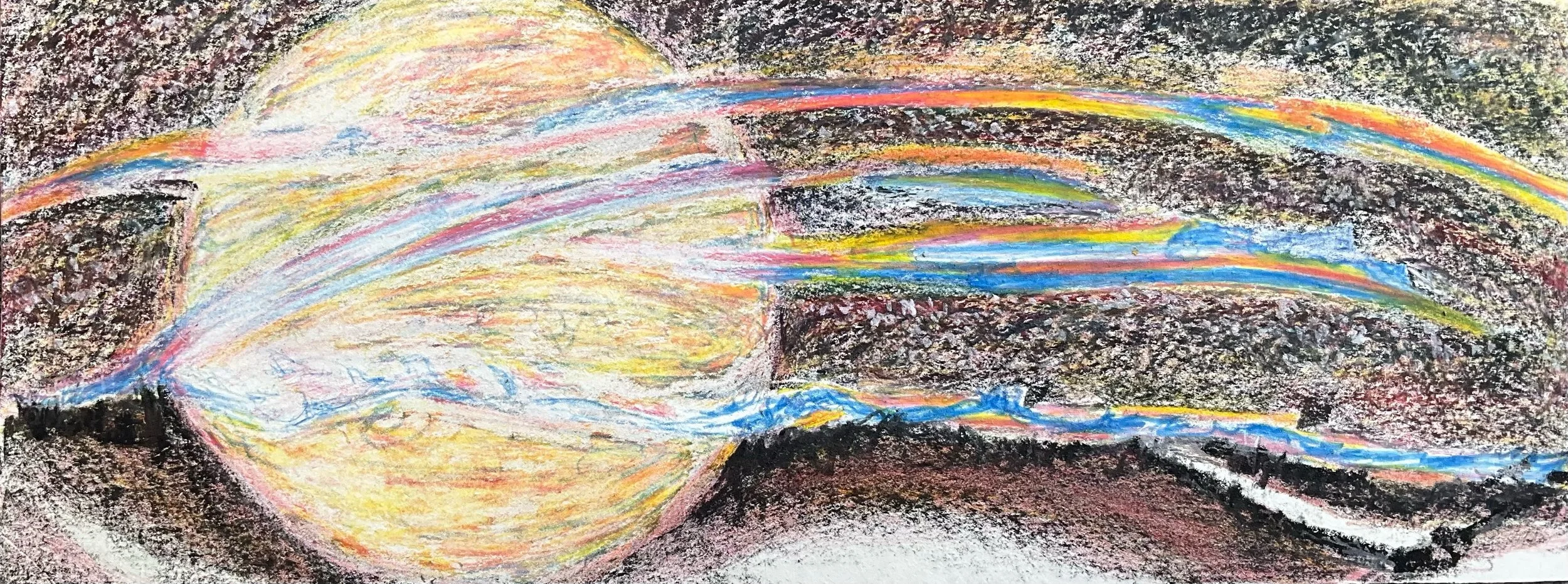 A colorful abstract drawing with a large glowing sphere, streaks of bright colors, and dark textured background.