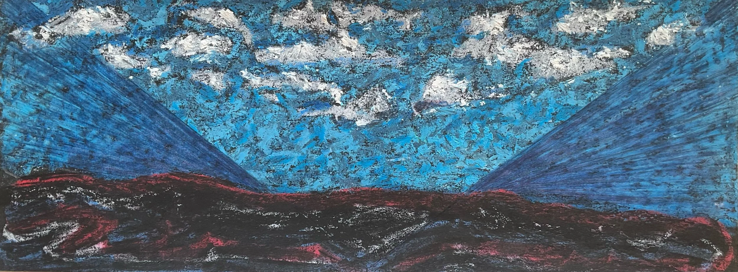 Colored drawing of a mountain landscape with blue sky and clouds, two blue mountains, and red and black ground.