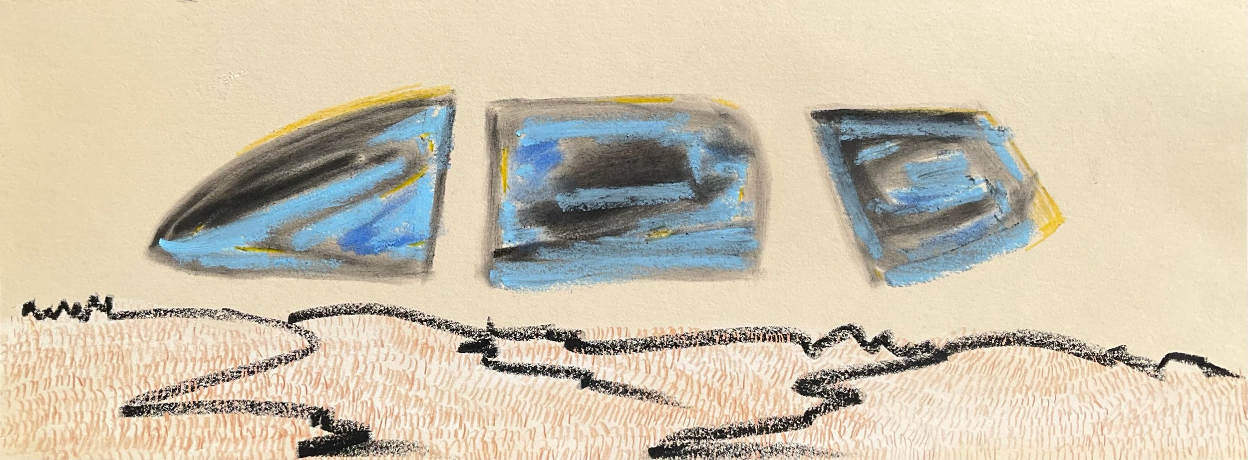 A colorful abstract painting with three blue and gray geometric shapes floating above a textured beige and black ground.