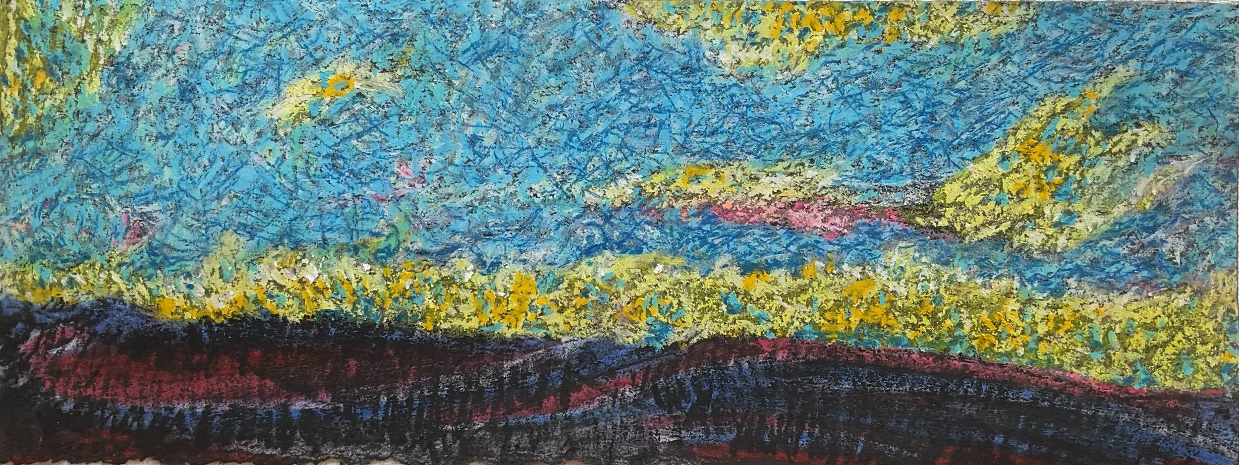 An abstract landscape painting with vibrant colors featuring mountains in shades of blue, with yellow and green vegetation in the foreground, and a dark base at the bottom.