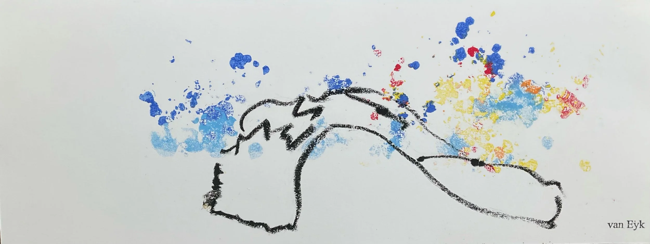 Abstract art of a dog's head in black lines with splashes of blue, yellow, red, and orange paint around it, signature 'van Eyk' in the bottom right corner.