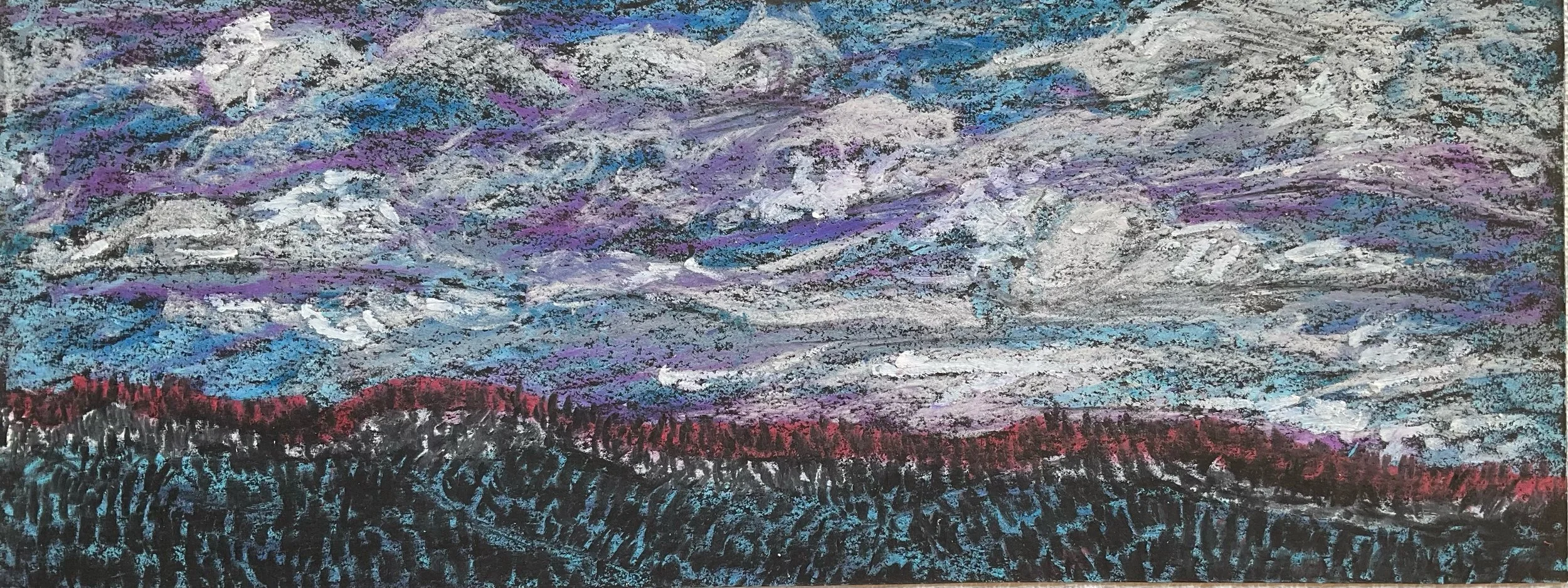Abstract landscape painting with snow-capped mountains, a purple and blue sky, and a dark foreground with trees.