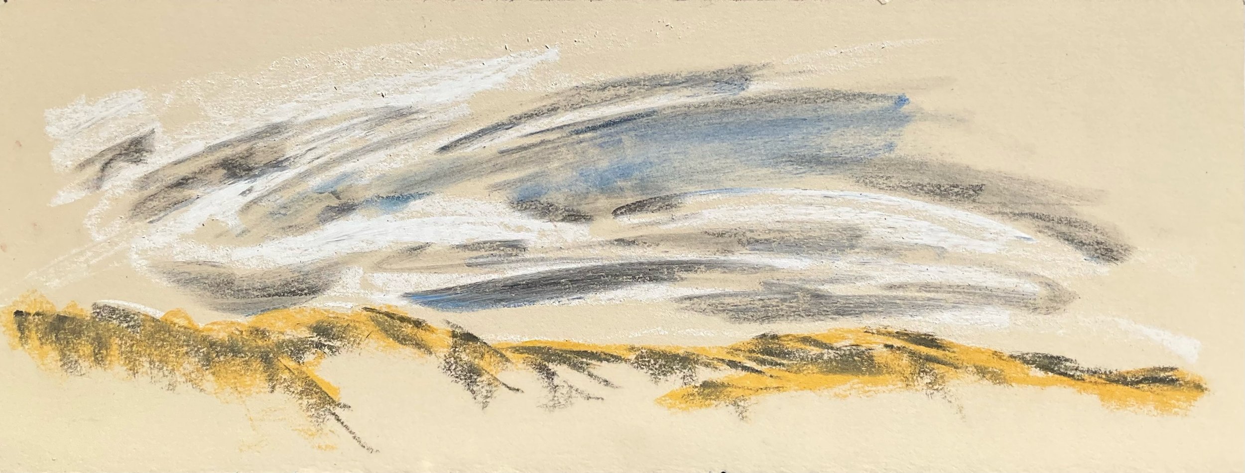 Abstract landscape painting with yellow hills and a sky filled with dark and light gray clouds.