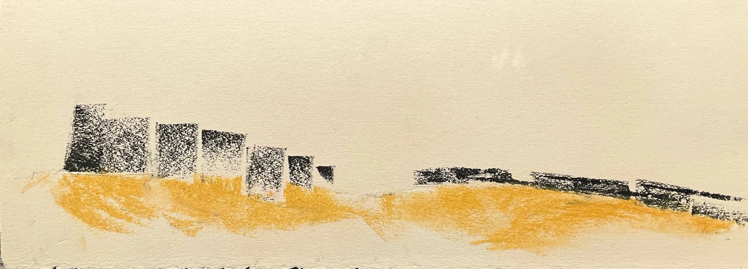 Abstract drawing of a cityscape with black and gray buildings on the left and black structures on the right, with a yellowish background.